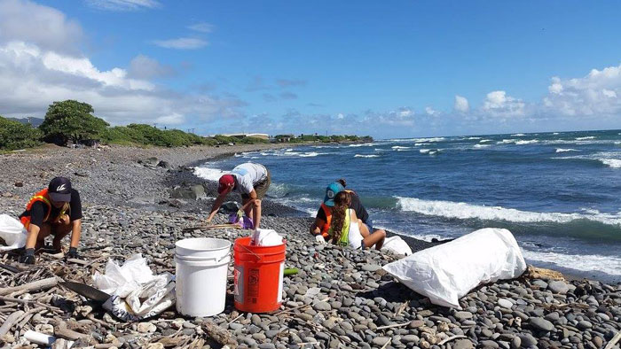 People picking up trash on a beach. 